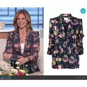 Cinq a Sept Kylie Floral Ruched Sleeve Blazer Silk Lined Gray Pleated 10 Jacket